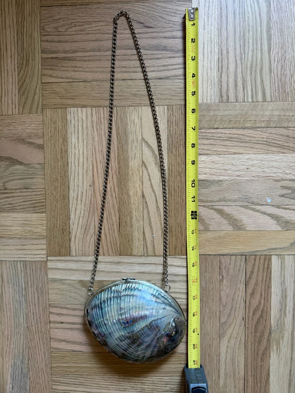 Vintage 1960s Abalone Shell Clutch Purse with iridescent shell pattern